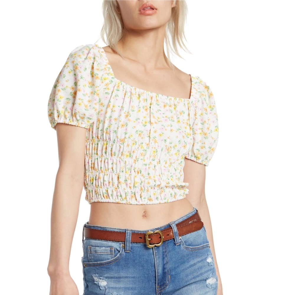 Elodie Floral Square Neck Smocked Puff Sleeve Crop Top